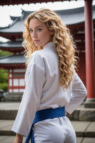 Back view of a very beautiful girl with long blonde curly hair and blue eyes, in an japanese Temple. (((her full body is visible))). She turns her face towards the viewer. Making eye contact. Her long hair is  partially covering her body. She is wearing torn white judo uniform. The background is a japanese temple in front of fuji mountain (japan), sultry perfect body, big cleavage,
,photorealistic:1.3, best quality, masterpiece,MikieHara,aw0k euphoric style,A girl dancing 