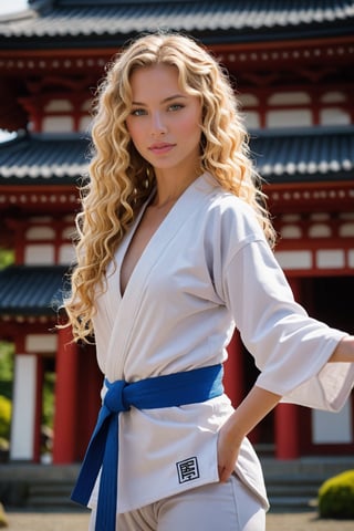 Back view of a very beautiful girl with long blonde curly hair and blue eyes, in an japanese Temple. (((her full body is visible))). She turns her face towards the viewer. Making eye contact. Her long hair is  partially covering her body. She is wearing torn white judo uniform. The background is a japanese temple in front of fuji mountain (japan), sultry perfect body, big cleavage,
,photorealistic:1.3, best quality, masterpiece,MikieHara,soakingwetclothes,aw0k euphoric style,A girl dancing 