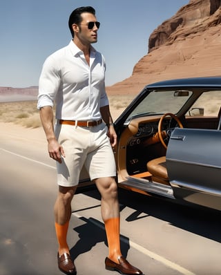 1guy, full body, over the calf socks with orange vertical stripe, car door opened, in the america desert, wearing white dotted shorts, eye level view, french with black hair, RAW, realistic, soft lighting, elbow hanging on the car window, brown shiny loafers, double cuffed shirt, luxurious watch, road sign, car engine steaming, off white shirt, sunlight with shadow, editorial