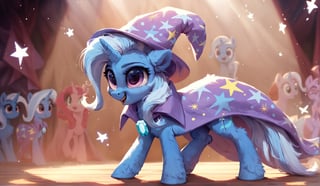 score_9, score_8_up, score_7_up, score_6_up, score_5_up, score_4_up, trixie_lulamoon_(mlp) ((cute, little, fuzzy pony, fur)), (high quality, detailed eyes), stage, magic performance, rating safe,