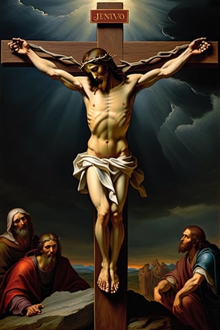 Please create a hyper-realistic oil painting of Jesus Christ crucified on the cross, in Renaissance style like the work of Da Vinci or Michelangelo. Jesus is seen in the center, with his arms extended to the sides nailed to the wooden cross. His expression is one of suffering but resignation. The cross is elevated on a hill, with dark skies and storm clouds in the background. Jesus wears a crown of thorns on his bowed head, with blood running down his face. His naked torso shows the bleeding wounds of the scourge on his back and sides. The fabric covering her waist flutters in the wind. At the foot of the cross you can see figures such as the Virgin Mary, Saint John and Mary Magdalene contemplating the scene with sadness. The illumination comes from a ray of sunlight that illuminates the body of Christ. The level of detail must be hyperrealistic, with emphasis on anatomy, facial expressions and atmospheric effects. Dramatic chromatic scale, dark tones. Signed "Leonardo da Vinci" in a lower corner.",HellAI,Movie Poster