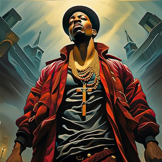 Please create a hyper-realistic oil painting of a rapper crucified on a cross, in Renaissance style. Instead of Jesus Christ, the central figure is an African-American rapper in street clothes. He wears big jeans, a gold chain, and a sports jacket. His arms are extended to the sides, nailed to the cross with thick nails. His expression is one of agony, his mouth open in a scream. The background is an urban neighborhood, with buildings and paved streets. The cross rises above a graffitied sidewalk. The sky has dark clouds and lightning. Figures of people are seen contemplating the scene from below, with faces of affliction. The dramatic lighting comes from a spotlight on the crucified rapper. The level of detail is hyperrealistic, with emphasis on the rapper's anatomy and expressions of pain, the texture of his clothing, and the urban elements of the background. Signed in the lower corner with a graffiti tag.",Leonardo Style, in the style of esao andrews