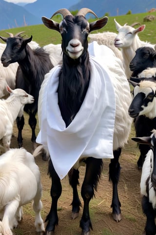 A male goat, completely black, humanoid-looking, who wears an elegant suit, completely white in the middle of white goats, with a focus on the black sheep, size 3/4, that the main goat is black in an apocalypse setting, that has an expression of seriousness, a landscape of crowds