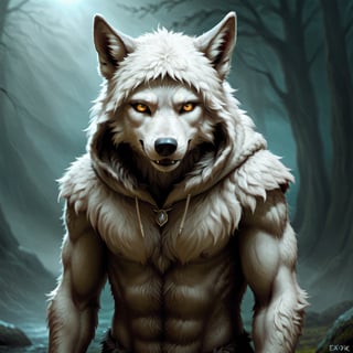 Please create a painted digital image of an anthropomorphic wolf with black fur, in a realistic style.

The wolf is standing on two legs with a sly expression.  He wears a white lamb hood, but his wolf claws and fangs can be seen.
The wolf should look aggressive and defiant.

The wolf stares directly into the camera with wide eyes trying to look innocent, but in reality he is treacherous and evil
He specifies more details about the costume: "He wears a full lambskin that covers his head, torso, legs, and tail."
He describes the texture: "The lambskin looks fluffy and plush, totally covering the wolf's fur."
He gives color instructions: "The costume is pure white, with black spots around the eyes that simulate a lamb's fur."
He calls for realism: "The visual effect should be hyper-realistic, not an obvious costume but as if it were his own skin."
,potma style

That he wears the head of a dead lamb on top of the wolf's head like a hood, in the style of esao andrews,darkart

That a dead lamb is seen hiding the wolf's face