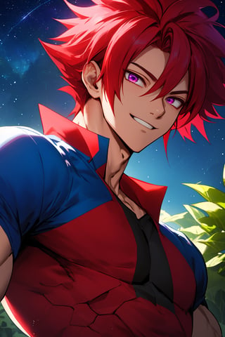 
Highly detailed.High Quality.Masterpiece. Beaitiful (mid close-up).

Young man of 20 years old, Natsu, dark skin, tall and with a great physique (muscular). Her hair is reddish pink (redder) with some blue front strands, messy, short (very short). He has big purple eyes. He has a white, blue and red shirt and black pants. He is alone, but with a slight smile on his face enjoying a beautiful starry sky in a forest full of life and with green leaves falling around him.