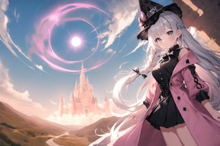 Extreme detailed, (masterful), 1girl, solo, long hair, blush, bangs, large (bow), medium breasts, very long hair, braid, white hair, grey hair, large black bow with intricate chains, grey eyes, pink plague doctor mask, pink witch hat, lace hat covering, pink overcoat, beige undershirt, cyan bowtie, black frilled skirt, white socks, black boots, mature face, BREAK castle, fanstatical background, magic, surreal colours in the sky, clouds, two suns, grand landscape, photo background