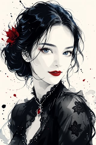 pencil Sketch of a beautiful mature woman 20 years old, with black hair, brown eyes, dark-red lips, alluring, portrait by Charles Miano, ink drawing, illustrative art, soft lighting, detailed, more Flowing rhythm, elegant smile, low contrast, ((full body)), add soft blur with thin line, red lipstick, blue eyes.,aesthetic portrait,hubggirl,ink