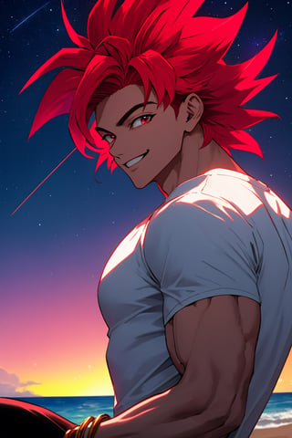 
Highly detailed.High Quality.Masterpiece. Beaitiful (mid shot).

Young man of 20 years old, brown skin, tall and with a great physique (muscular). His hair is reddish-pink (more red then pink), curly, short, and has a spiky hairstyle similar Goku's, with two strands sticking out from the back of his head. It has large eyes (well detailed) and a light red color. He wears a short res t-shirt with some black details, blue bracelets and black pants. He is alone, but with a happy smile on his face enjoying a beautiful starry sky on a beach.