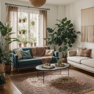 Living Room:

Bohemian living room with vibrant patterned textiles, layered rugs, eclectic artwork, and hanging plants bathed in soft sunlight.