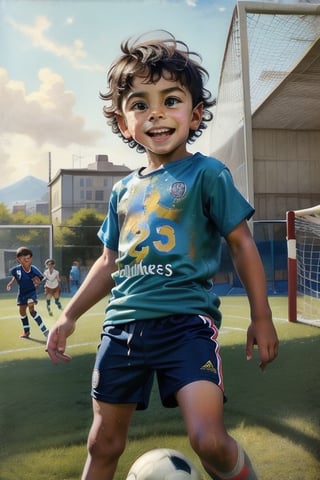 Highly detailed and realistic oil painting of a 7-year-old boy wearing a t-shirt, shorts, and sneakers while playing soccer. Messy hair styled in Rockwell's signature style. Vibrant colors and intricate details capture the innocence and joy of childhood. Long shot with a picturesque background reminiscent of Norman Rockwell's iconic artworks.