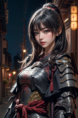 so sexy sumurai girl , samurai Armor Scales Dragon ,The outfit is detailed, standing straight and strong in a pose,upper body , ancient Japanese war, night