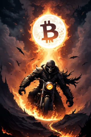 a big bitcoin cartoon coin flies to the moon and yells at various altcoins, bitcoin badass hero ((xrp, ethereum, cardano) coins sit on the ground and cry, bitcoin disciplines them with a belt, dark and scary, coins on ground are scared and shaking)), ((bitcoin symbol in the background has words around the edge that say Apex Predator around the edge of the coin), bitcoin symbol on chest, (((hell's angels motorcycle theme))), ((add text (apex predator) to bitcoin)) acme gothic font, letters in acme gothic font.