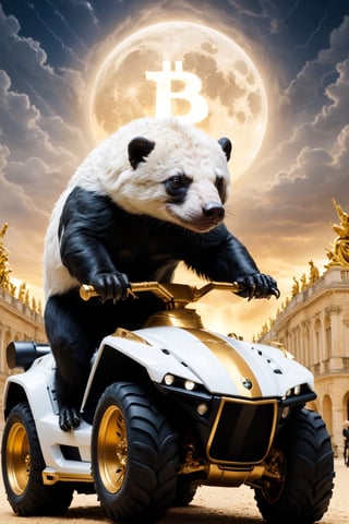 Realistic HoneyBadger, honey-badger has white fur on top of head and back only,  Palace of Versailles, bitcoin badass hero (((bitcoin symbol in the background))  (((Louis XIII theme))) riding in a lamborghini to the moon at lightning speed with hot ass blonde
