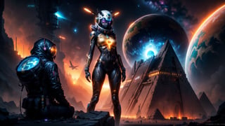 "((Futuristic girl)) immersed in Egypt Cyberstyle, a sleek blend of ancient and cyberpunk elements, standing against a backdrop of a ((fantastic planetscape)) in space, illuminated by the cyber-infused golden hour, ((science fiction masterpiece)), ((vibrant colors)), detailed composition, (best quality)