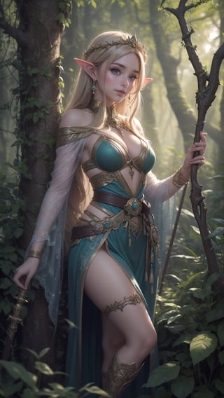 Elf Princess, ancient forest ruins, holding a magical staff, soft beams of light filtering through the trees, dressed in revealing ethereal clothes, mystical atmosphere, (fantasy realism), (highly detailed), (Artgerm style), lush greenery, enchanted vines, glowing runes