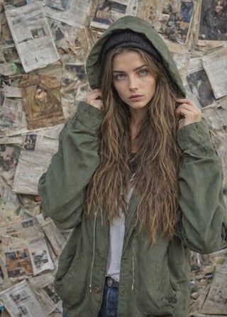  big hair, hair flowing over, messy hair, blue eyes, choker, closed mouth, collar, dog tail, hand in pocket, hat, hat with ears, hood, hoodie, jacket, green jacket, long hair, long sleeves, looking at viewer, nail polish, open clothes, open jacket, newspaper wall background,