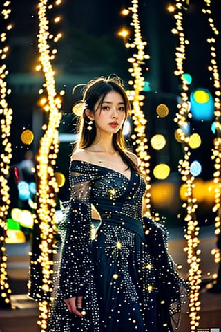 a beautiful Korean woman, avant-garde artistic dress, in a modern art gallery, glowing abstract sculptures, magical, fantasy, dreamy. shallow depth of field, vignette, highly detailed, high budget, bokeh, cinemascope, moody, epic, gorgeous, film grain, grainy, cinematic film, alive.