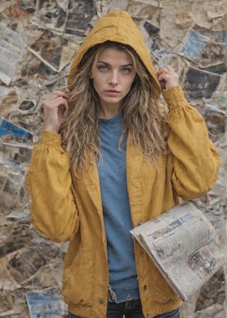  big hair, hair flowing over, messy hair, blue eyes, choker, closed mouth, collar, dog tail, hand in pocket, hat, hat with ears, hood, hoodie, jacket, yellow jacket, long hair, long sleeves, looking at viewer, nail polish, open clothes, open jacket, newspaper wall background,