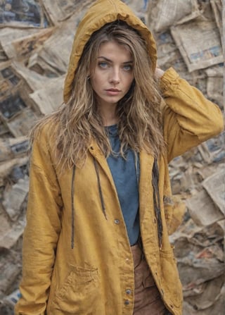  big hair, hair flowing over, messy hair, blue eyes, choker, closed mouth, collar, dog tail, hand in pocket, hat, hat with ears, hood, hoodie, jacket, yellow jacket, long hair, long sleeves, looking at viewer, nail polish, open clothes, open jacket, newspaper wall background,