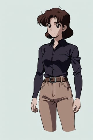 1girl, solo, short hair, simple background, brown hair, shirt, long sleeves, white background, closed mouth, standing, full body, shoes, collared shirt, belt, pants, black eyes, black shirt, brown footwear, arms at sides, brown belt, orange shoes, masterpiece, best quality, detailed face, HD detailed, high_resolution, Shinji_Nishikawa_Artstyle, Shoujo_Anime,90s Aesthetic, reference sheet, 1980s \(style\),