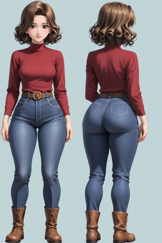 Age 24-year-old, red long sleeves turtleneck shirt, tight brown color trousers pants, no strings boots, curly curvy short bob and curved bang brown hair, brown eyes, curvy wide hips, Thicc Juicy jiggling Big Butt, 51 inches ass, character_sheet, masterpiece, best quality, detailed face, detailed buttocks and tight pants, 4K detailed, detailed hair, high-resolution, Shinji_Nishikawa_Artstyle, Shoujo_Anime,90s Aesthetic, 1980s \(style\), 