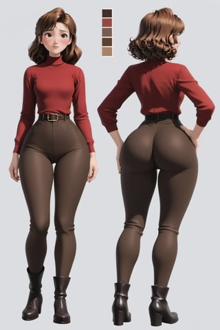 Age 24-year-old, red long sleeves turtleneck shirt, tight dark brown work trousers, dark grey jumpboots, long curly curvy bob bang brown hair, brown eyes, curvy wide hips, Thicc Bulge Big Butt, 51 inches butt, blushing in embarrassment, different poses, different facial expressions, character_sheet, masterpiece, best quality, detailed hair and face, detailed buttocks and tight pants, 4K detailed, high-resolution, Shinji_Nishikawa_Artstyle, Shoujo_Anime,90s Aesthetic, 1980s \(style\),multiple views of the same character,model sheet,chatacter sheet,disney pixar style