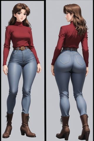 Age 40-year-old, red long sleeves turtleneck shirt, tight brown trousers pants, grey rain boots, long curvy bang brown hair, brown eyes, curvy wide hips, Thicc Juicy jiggling Big Butt, 46 inches butt, character_sheet, masterpiece, best quality, detailed face, detailed buttocks and tight pants, 4K detailed, high-resolution, Shinji_Nishikawa_Artstyle, Shoujo_Anime,90s Aesthetic, 1980s \(style\), 