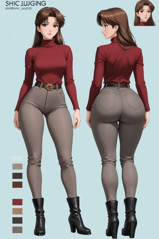 Age 40-year-old, red long sleeves turtleneck shirt, tight brown trousers pants, grey rain boots, long curvy bang brown hair, brown eyes, curvy wide hips, Thicc Juicy jiggling Big Butt, 46 inches butt, character_sheet, masterpiece, best quality, detailed face, detailed buttocks and tight pants, 4K detailed, high-resolution, Shinji_Nishikawa_Artstyle, Shoujo_Anime,90s Aesthetic, 1980s \(style\), 