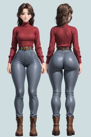 Age 24-year-old, wet and Soak clothes, red long sleeves turtleneck shirt, tight brown trousers pants, grey rain boots, long curvy bang brown wet hair, brown eyes, curvy wide hips, Thicc Juicy jiggling Big Butt, 46 inches butt, character_sheet, masterpiece, best quality, detailed face, 4K detailed buttocks and tight pants, 4K detailed, high-resolution, Shinji_Nishikawa_Artstyle, Shoujo_Anime,90s Aesthetic, 1980s \(style\), 