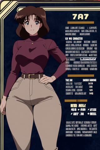 38 year old Milf Female, red long sleeves turtleneck shirt,tight brown trousers, grey boots, short neck curvy bang brown hair, brown eyes, curvy wide hips, Thicc Juicy Big Butt, 40 inches butt, character_sheet, looking-at-viewer, masterpiece, best quality, detailed face, HD detailed, high_resolution, Shinji_Nishikawa_Artstyle, Shoujo_Anime,90s Aesthetic,gunsmith,lum