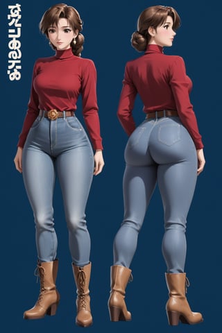 Age 24-year-old, red long sleeves turtleneck shirt, tight brown trousers pants, grey rain boots, long curvy bang brown hair, brown eyes, curvy wide hips, Thicc Juicy jiggling Big Butt, 51 inches butt, character_sheet, masterpiece, best quality, detailed face, detailed buttocks and tight pants, 4K detailed, high-resolution, Shinji_Nishikawa_Artstyle, Shoujo_Anime,90s Aesthetic, 1980s \(style\), 