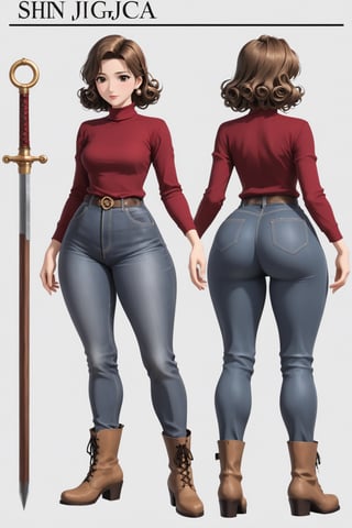 Age 24-year-old, red long sleeves turtleneck shirt, tight brown trousers pants, grey rain boots, curly curvy short bob and curved bang brown hair, brown eyes, curvy wide hips, Thicc Juicy jiggling Big Butt, 51 inches butt, character_sheet, masterpiece, best quality, detailed face, detailed buttocks and tight pants, 4K detailed, detailed hair, high-resolution, Shinji_Nishikawa_Artstyle, Shoujo_Anime,90s Aesthetic, 1980s \(style\), 