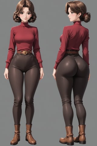 Age 24-year-old, red long sleeves turtleneck shirt, tight brown color trousers pants, no strings boots, long curly curvy short bob and curved bang brown hair, brown eyes, curvy wide hips, Thicc Juicy jiggling Big Butt, 51 inches ass, character_sheet, masterpiece, best quality, detailed face, detailed buttocks and tight pants, 4K detailed, detailed hair, high-resolution, Shinji_Nishikawa_Artstyle, Shoujo_Anime,90s Aesthetic, 1980s \(style\), 