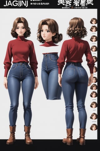 Age 42-year-old, red long sleeves turtleneck shirt, tight brown color trousers pants, no strings boots, long curly short bob and curved bang brown hair, brown eyes, curvy wide hips, Thicc Juicy jiggling Big Butt, 51 inches butt, character_sheet, masterpiece, best quality, detailed face, detailed buttocks and tight pants, 4K detailed pants, detailed hair, high-resolution, Shinji_Nishikawa_Artstyle, Shoujo_Anime,90s Aesthetic, 1980s \(style\), 