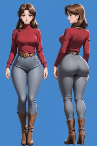 Age 42-year-old, red long sleeves turtleneck shirt, tight brown trousers pants, grey rain boots, long curvy bang brown hair, brown eyes, curvy wide hips, Thicc Juicy jiggling Big Butt, 46 inches butt, character_sheet, masterpiece, best quality, detailed face, detailed buttocks and tight pants, 4K detailed, high-resolution, Shinji_Nishikawa_Artstyle, Shoujo_Anime,90s Aesthetic, 1980s \(style\), 