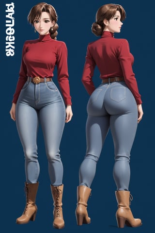 Age 42-year-old, red long sleeves turtleneck shirt, tight brown trousers pants, grey rain boots, long curvy bang brown hair, brown eyes, curvy wide hips, Thicc Juicy jiggling Big Butt, 51 inches butt, character_sheet, masterpiece, best quality, detailed face, detailed buttocks and tight pants, 4K detailed, high-resolution, Shinji_Nishikawa_Artstyle, Shoujo_Anime,90s Aesthetic, 1980s \(style\), 