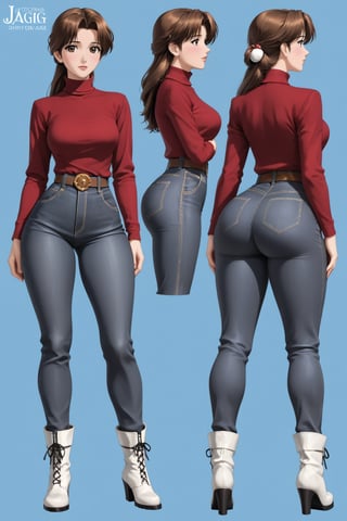 Age 40-year-old, red long sleeves turtleneck shirt, tight brown trousers pants, grey rain boots, puffy long curvy bang brown hair, brown eyes, curvy wide hips, Thicc Juicy jiggling Big Butt, 46 inches butt, character_sheet, masterpiece, best quality, detailed face, detailed buttocks and tight pants, 4K detailed, high-resolution, Shinji_Nishikawa_Artstyle, Shoujo_Anime,90s Aesthetic, 1980s \(style\), 