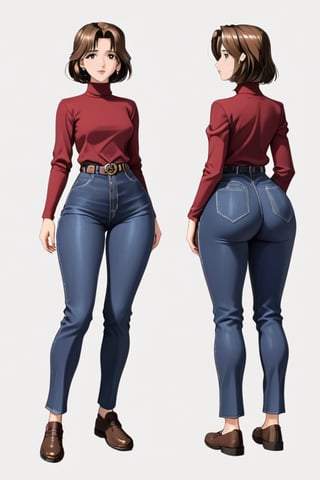 Age 25-year-old, red long sleeves turtleneck shirt, tight brown color office pants, no strings boots, long curvy short bob and curved bang brown hair, brown eyes, curvy wide hips, Thicc Juicy jiggling Big Butt, 51 inches butt, character_sheet, masterpiece, best quality, detailed face, detailed buttocks and tight pants, 4K detailed pants, detailed hair, high-resolution, Shinji_Nishikawa_Artstyle, Shoujo_Anime,90s Aesthetic, 1980s \(style\), 