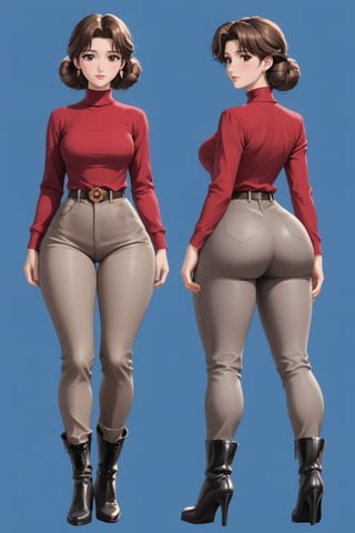 Age 24-year-old, red long sleeves turtleneck shirt, tight brown trousers pants, grey rubber boots, curly curvy bang brown hair, brown eyes, curvy wide hips, Thicc Juicy jiggling Big Butt, 40 inches butt, character_sheet, masterpiece, best quality, detailed face, detailed buttocks and tight pants, 4K detailed, detailed hair, high-resolution, Shinji_Nishikawa_Artstyle, Shoujo_Anime,90s Aesthetic, 1980s \(style\), 