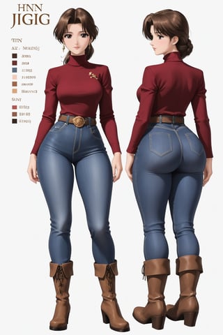 Age 40-year-old, red long sleeves turtleneck shirt, tight brown trousers pants, brown rain boots, long curvy bang brown hair, brown eyes, curvy wide hips, Thicc Juicy jiggling Big Butt, 51 Inch Ass, character_sheet, masterpiece, best quality, detailed face, detailed buttocks and tight pants, 4K detailed, high-resolution, Shinji_Nishikawa_Artstyle, Shoujo_Anime,90s Aesthetic, 1980s \(style\), 