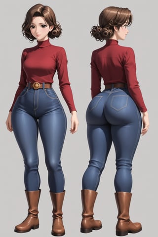 Age 42-year-old, red long sleeves turtleneck shirt, tight brown color trousers pants, no strings boots, long curly curvy short bob and curved bang brown hair, brown eyes, curvy wide hips, Thicc Juicy jiggling Big Butt, 51 inches butt, character_sheet, masterpiece, best quality, detailed face, detailed buttocks and tight pants, 4K detailed, detailed hair, high-resolution, Shinji_Nishikawa_Artstyle, Shoujo_Anime,90s Aesthetic, 1980s \(style\), 