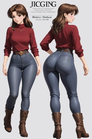 Age 24-year-old, red long sleeves turtleneck shirt, tight brown trousers pants, grey rain boots, long curvy bang brown hair, brown eyes, curvy wide hips, Thicc Juicy jiggling Big Butt, 46 inches butt, character_sheet, masterpiece, best quality, detailed face, detailed buttocks and tight pants, 4K detailed, high-resolution, Shinji_Nishikawa_Artstyle, Shoujo_Anime,90s Aesthetic, 1980s \(style\), 