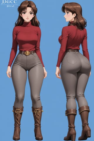 Age 40-year-old, red long sleeves turtleneck shirt, tight brown trousers pants, grey rain boots, long curvy bang brown hair, brown eyes, curvy wide hips, Thicc Juicy jiggling Big Butt, 46 inches butt, character_sheet, masterpiece, best quality, detailed face, detailed buttocks and tight pants, 4K detailed, high-resolution, Shinji_Nishikawa_Artstyle, Shoujo_Anime,90s Aesthetic, 1980s \(style\), 