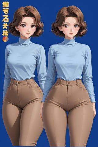 Age 24-year-old, red long sleeves turtleneck shirt, tight brown trousers pants, grey waggoner booth, curly curvy short bob and curved bang brown hair, brown eyes, curvy wide hips, Thicc Juicy jiggling Big Butt, 40 inches butt, character_sheet, masterpiece, best quality, detailed face, detailed buttocks and tight pants, 4K detailed, detailed hair, high-resolution, Shinji_Nishikawa_Artstyle, Shoujo_Anime,90s Aesthetic, 1980s \(style\), 