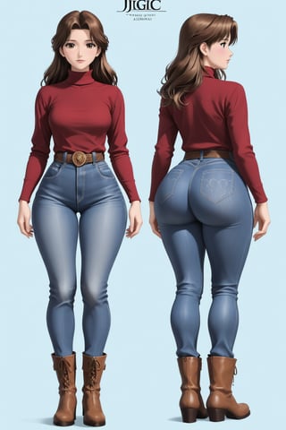 Age 40-year-old, red long sleeves turtleneck shirt, tight brown trousers pants, brown rain boots, long curvy bang brown hair, brown eyes, curvy wide hips, Thicc Juicy jiggling Big Butt, 51 Inch Ass, character_sheet, masterpiece, best quality, detailed face, detailed buttocks and tight pants, 4K detailed, high-resolution, Shinji_Nishikawa_Artstyle, Shoujo_Anime,90s Aesthetic, 1980s \(style\), 