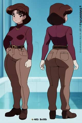 38 year old Milf Female, red long sleeves turtleneck shirt,tight brown trousers, grey boots, short neck curvy bang brown hair, brown eyes, curvy wide hips, Thicc Juicy Big Butt, 40 inches butt, character_sheet, looking-at-viewer, masterpiece, best quality, detailed face, HD detailed, high_resolution, Shinji_Nishikawa_Artstyle, Shoujo_Anime,90s Aesthetic,gunsmith,lum