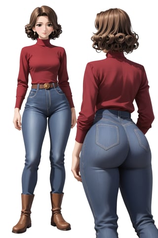 Age 42-year-old, red long sleeves turtleneck shirt, tight brown color trousers pants, no strings boots, long curly short bob and curved bang brown hair, brown eyes, curvy wide hips, Thicc Juicy jiggling Big Butt, 51 inches butt, character_sheet, masterpiece, best quality, detailed face, detailed buttocks and tight pants, 4K detailed pants, detailed hair, high-resolution, Shinji_Nishikawa_Artstyle, Shoujo_Anime,90s Aesthetic, 1980s \(style\), 