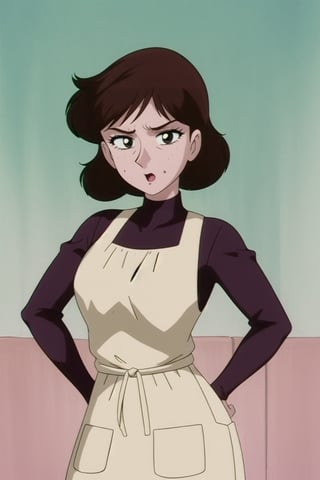 sole_female, 35 years old, ((red long sleeves turtleneck shirt)), ((white tan apron dress)), curly bob curvy bang brown hair, brown eyes, curvy wide hips, Bootylicious, ((hands on hips)), looking-at-viewer, masterpiece, best quality, detailed face, detailed, highres, cinematic moviemaker style, EPTakeuchiNaokoStyle