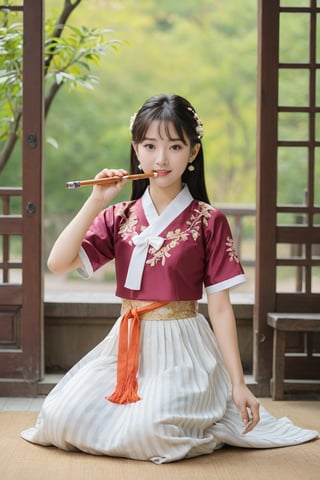 (1 2 year Indian baby girl playing flute with royal sister style), ((best quality, 8k, masterpiece: 1.3)), focus: 1.2, perfect body beauty: 1.4, (smile: 1.2), (old palace in korea: 1.5), highly detailed face and skin texture, delicate eyes, double eyelids, whitened skin, (air bangs: 1.3), (round face: 1.5), hanbok (top light maroon and gold floral pattern short sleeve silk top,intense white and white stripes silk very  tight  jeans The goreum of the jeogori is light orange:1.4), Lucky bag and norigae on the waist, Korea hanbok style, Top and bottom completely separated, random model pose, Head size in proportion to the body, Young beauty spirit, inkGirl, Hanbok, clear border, Clothing made of very thin silk, ((full body shot1.2)), FilmGirl, xxmix_girl, kwon-nara, cutegirlmix,cutegirlmix,kwon-nara, Asian Girl, Asian baby