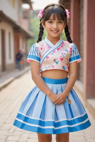 (1 2 year Indian child girl running in busy street playing with his boyfriend with royal sister style), ((best quality, 16K, masterpiece: 1.3)), focus: 1.2, perfect body beauty: 1.4, (smile: 1.2), (old palace in india: 1.5), highly detailed face and skin texture, delicate blue eyes, double eyelids, whitened skin, (air bangs: 1.3), (round face: 1.5), hanbok (top light pink and white floral pattern short sleeve silk top,intense blue and white stripes silk very  tight short skirt The goreum of the top is light blue:1.4), Lucky bag and norigae on the waist, indian hanbok style, Top and bottom completely separated, random model pose, Head size in proportion to the body, Young beauty spirit, inkchild girl, Hanbok, clear border, Clothing made of very thin silk, ((full body shot1.2)), Filmbaby girl, xxmix_girl, kwon-nara, cutegirlmix,cutegirlmix,kwon-nara, Asian Girl, Asian baby